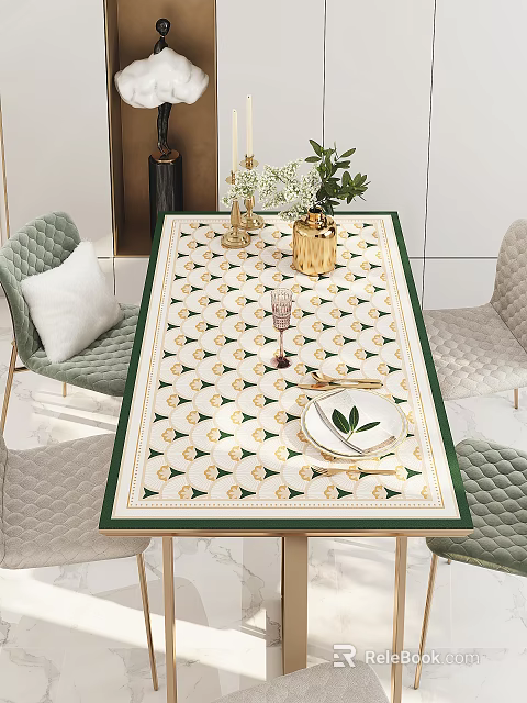 Elegant Modern Dining Table Set With Gold Patterned Tablecloth Green Border Tableware And Chairs 3d model
