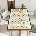 Elegant Modern Dining Table Set With Gold Patterned Tablecloth Green Border Tableware And Chairs 3d model