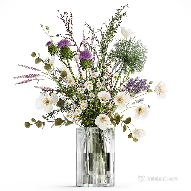 Decorative Glass Vase With White Purple Flowers And Green Leaves Arrangement 3d model 
