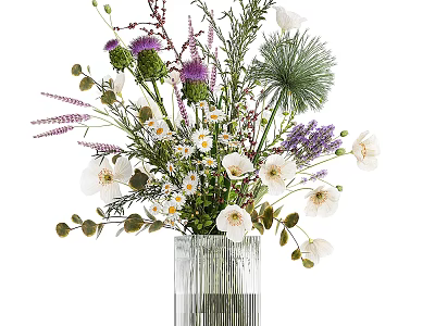 Decorative Glass Vase With White Purple Flowers And Green Leaves Arrangement 3d model