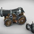 Vintage Metal Cannon With Wooden Wheels And Cannonballs On Gray Background