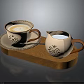 Beige Ceramic Coffee Cup Milk Jug And Spoon With Floral Pattern On Wooden Tray