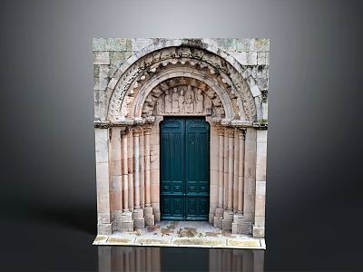 Ancient Stone Gate With Intricate Carvings And Green Wooden Doors 3d model