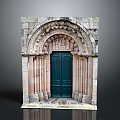 Ancient Stone Gate With Intricate Carvings And Green Wooden Doors