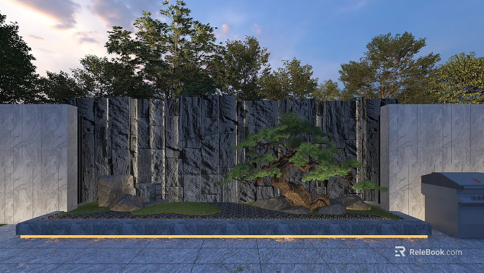 Scenic Wall With Black Stone Texture Pine Tree Rocks Grass And Bottom Lighting 3d model 