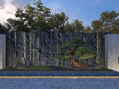 Scenic Wall With Black Stone Texture Pine Tree Rocks Grass And Bottom Lighting 3d model