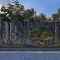 Scenic Wall With Black Stone Texture Pine Tree Rocks Grass And Bottom Lighting 3d model