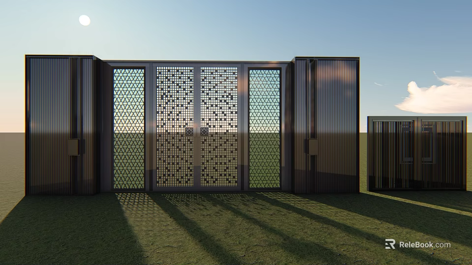 Modern Entrance Gate With Intricate Metal Patterns And Grass Lawn In Sunlight 3d model 