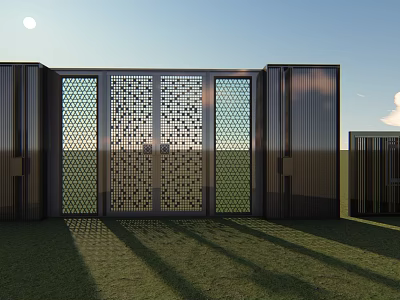 Modern Entrance Gate With Intricate Metal Patterns And Grass Lawn In Sunlight 3d model