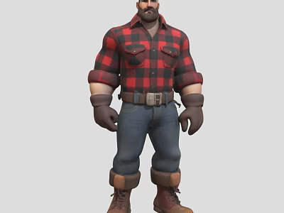 A Man Wearing Red And Black Plaid Shirt Blue Jeans Brown Gloves And Boots 3d model