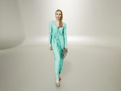 Woman In Light Green V Neck Dress With Tied Waist Holding Clutch Bag Minimalist Background 3d model
