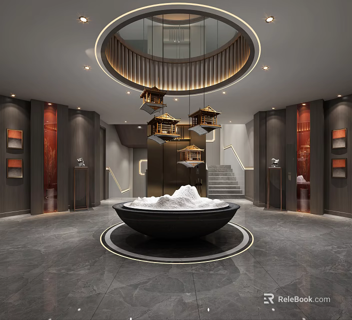 Modern Hotel Lobby With Circular Staircase Hanging Lanterns And Central Bowl Decoration 3d model 