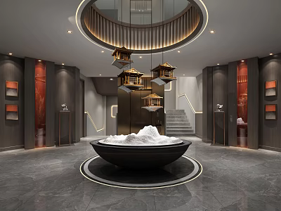 Modern Hotel Lobby With Circular Staircase Hanging Lanterns And Central Bowl Decoration 3d model