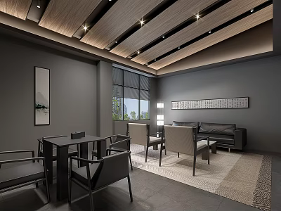 Modern Hotel Public Lounge Area With Wooden Ceiling Gray Walls And Comfortable Seating 3d model