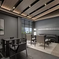 Modern Hotel Public Lounge Area With Wooden Ceiling Gray Walls And Comfortable Seating