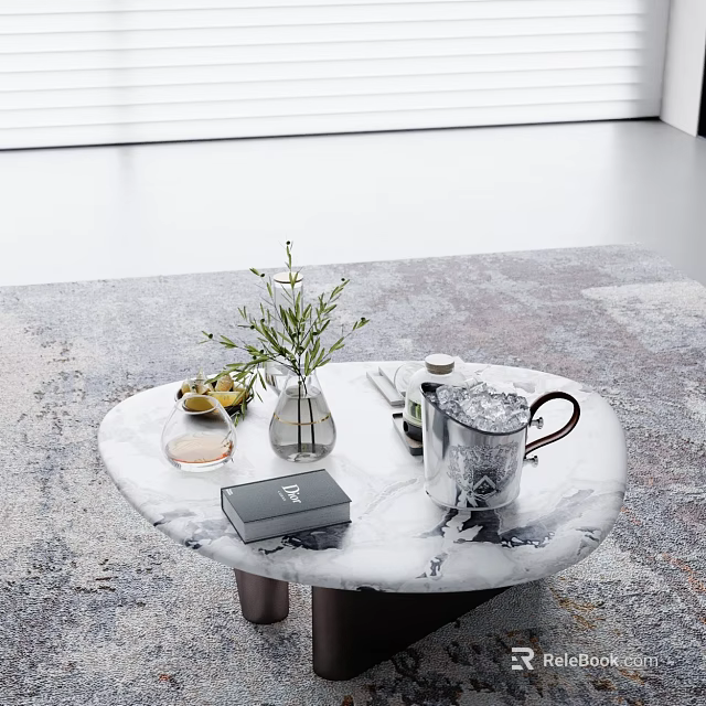 Modern Home Decor Marble Round Coffee Table With Vase Green Plant Kettle And Box 3d model 