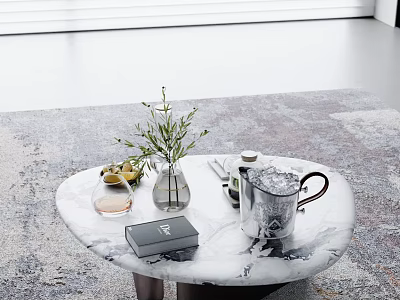 Modern Home Decor Marble Round Coffee Table With Vase Green Plant Kettle And Box 3d model