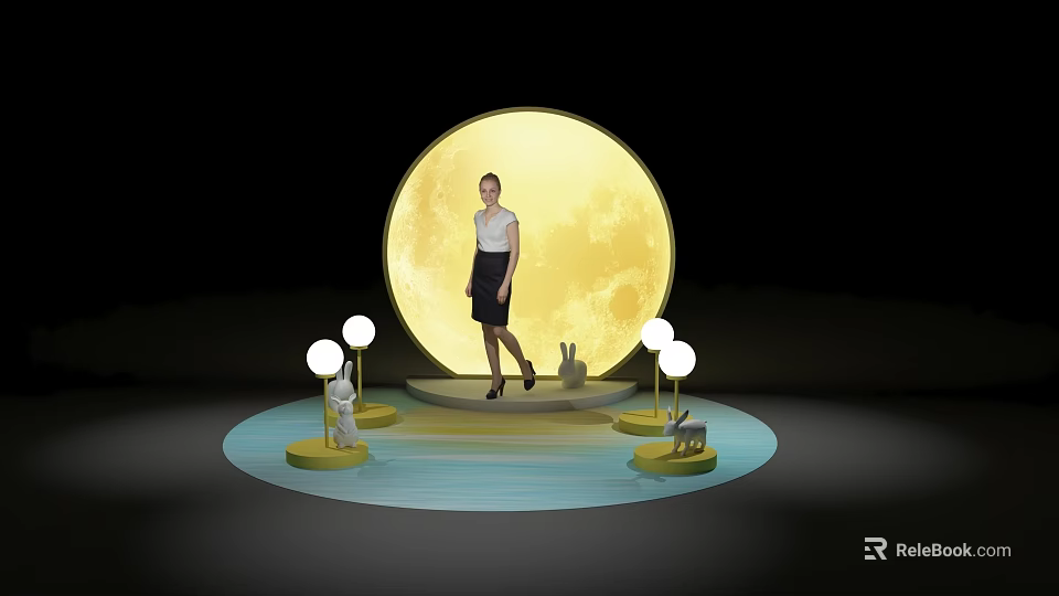 Photo Spot With Large Yellow Moon Woman And Rabbit Decorations With Lights 3d model 