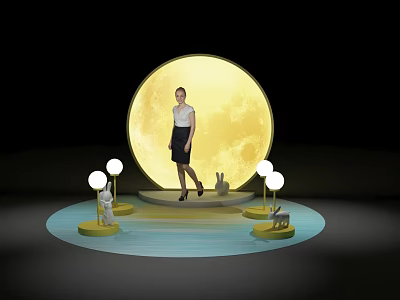 Photo Spot With Large Yellow Moon Woman And Rabbit Decorations With Lights 3d model