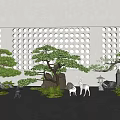 Miniature Garden Bonsai Trees With Decorative Deer Stone Lanterns And Green Plants