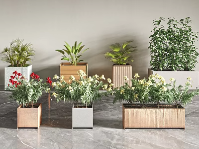 Modern Indoor Potted Plants Display With Wooden And Metal Planters Red Flowers And Green Leaves 3d model