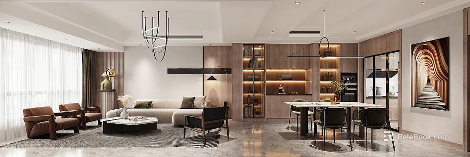 Modern Living Dining Room Interior Design With Sofa Coffee Table And Pendant Lights 3d model 
