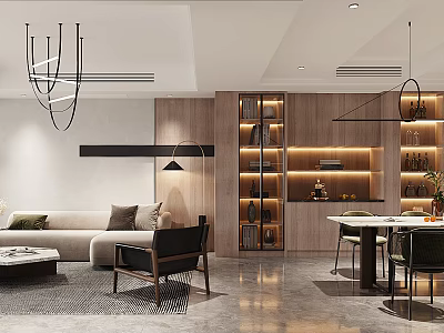 Modern Living Dining Room Interior Design With Sofa Coffee Table And Pendant Lights 3d model