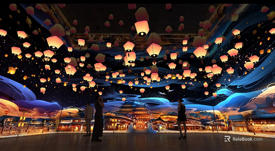 Vibrant Commercial Street Interior With Hanging Lanterns And Decorative Lighting 3d model 