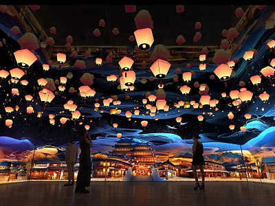 Vibrant Commercial Street Interior With Hanging Lanterns And Decorative Lighting 3d model