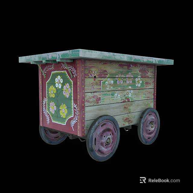 Vintage Wooden Cart With Green Top And Painted Floral Patterns On Wheels 3d model 