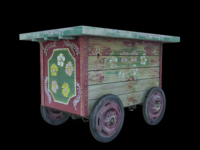 Vintage Wooden Cart With Green Top And Painted Floral Patterns On Wheels 3d model