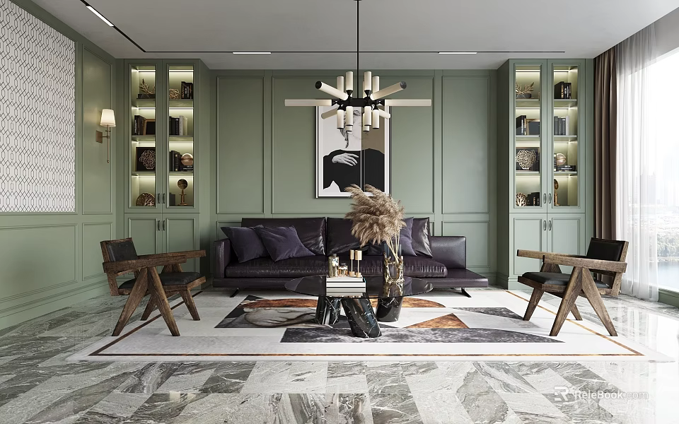 Elegant Modern Living Room Interior With Sofa Coffee Table Set Green Walls Bookshelves And Chandelier 3d model 