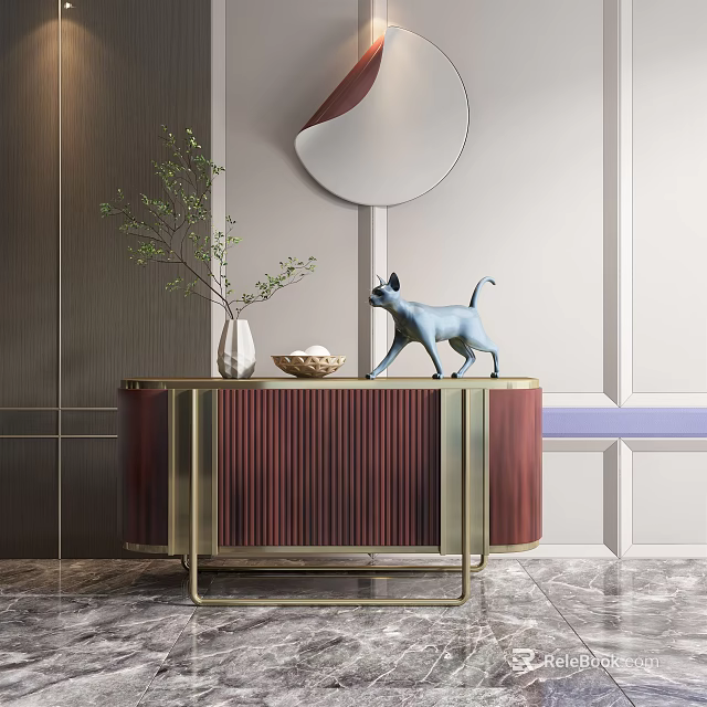 Red Striped Entryway Sideboard Cabinet With Potted Plant Cat Figurine Bowl And Golden Frame 3d model 