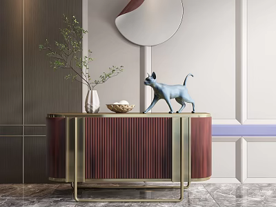Red Striped Entryway Sideboard Cabinet With Potted Plant Cat Figurine Bowl And Golden Frame 3d model