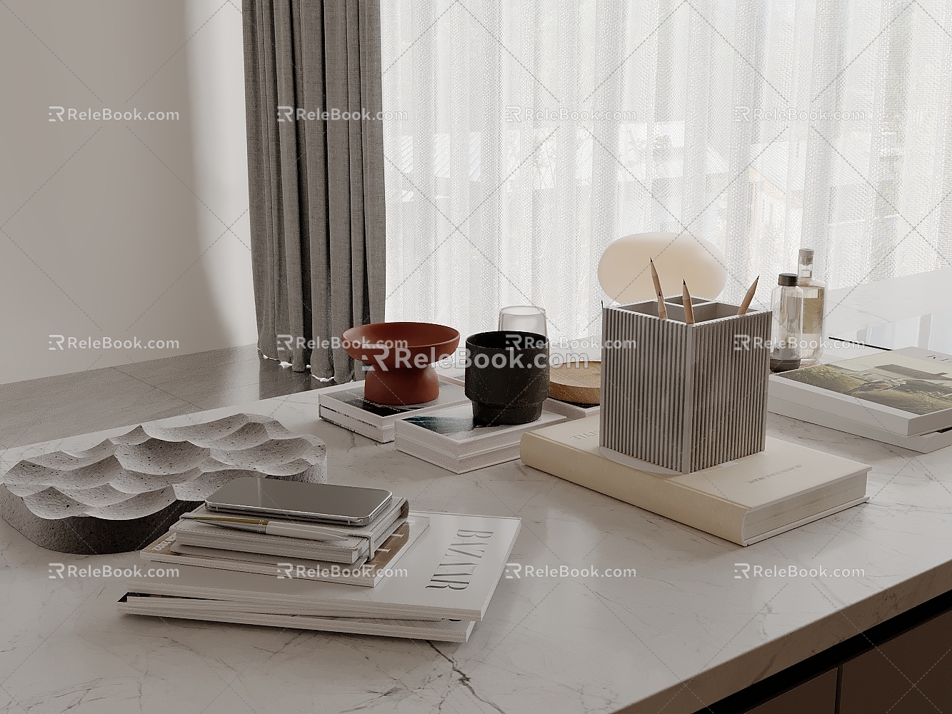 Modern table decoration books pen container glass mobile phone 3d model