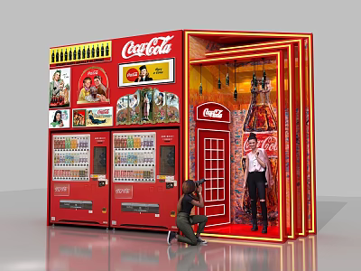 Coca Cola Themed Vending Machine With Decorative Entrance And Mannequin Person Taking 3d model