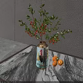 Decorative Vase With Rooster Design Holding Red Berries Green Leaves And Oranges On Marble Table