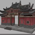 Traditional Chinese Style Entrance Gate With Red Walls Black Ornate Roof And Stone Steps