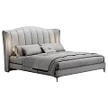 Modern Upholstered Double Bed With Linen Sheets Pillows And Patterned Blanket