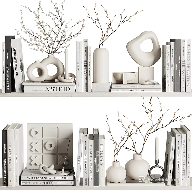 Minimalist Decorative Ornament Set With Geometric Sculptures Vases Books And Twig Branches On Shelf 3d model 