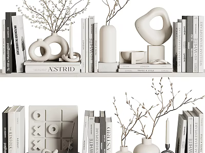 Minimalist Decorative Ornament Set With Geometric Sculptures Vases Books And Twig Branches On Shelf 3d model