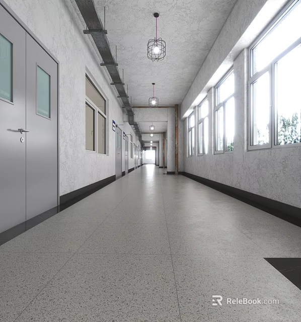 Elevator Corridor Featuring Long Bright Space With Doors Windows And Grey Floor 3d model