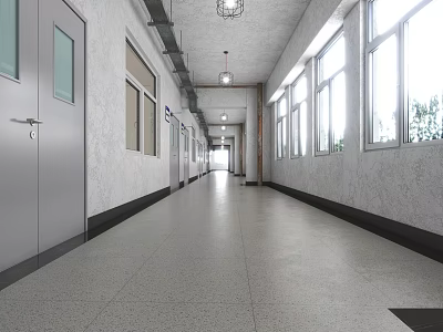 Elevator Corridor Featuring Long Bright Space With Doors Windows And Grey Floor 3d model