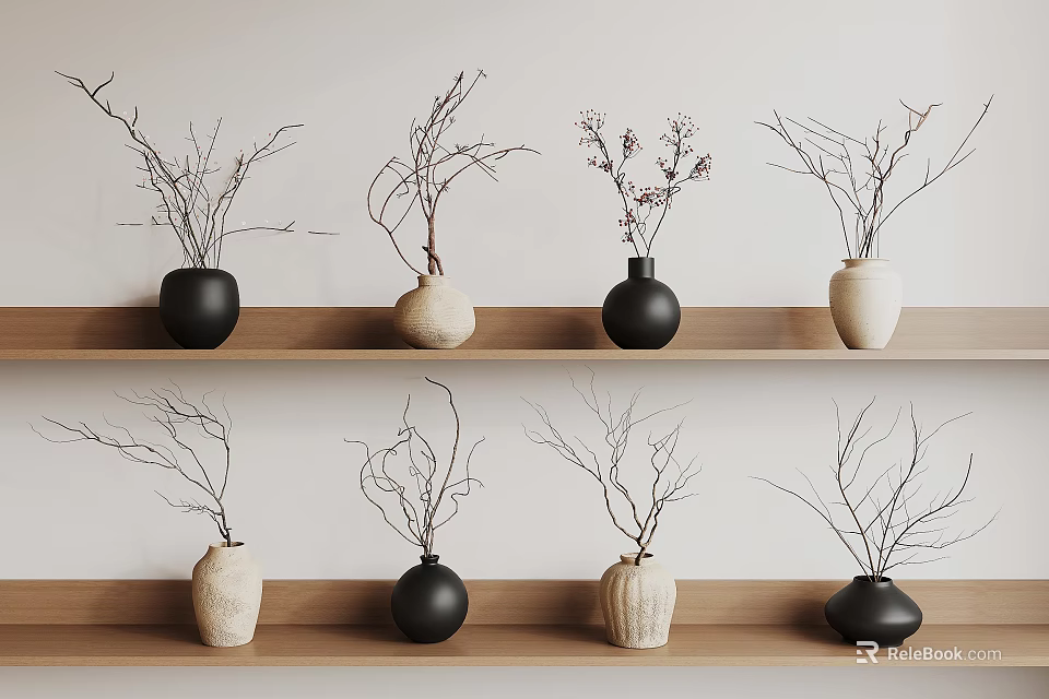 Multiple Black And Beige Vases With Twig Branches Arranged On Wooden Shelves 3d model 