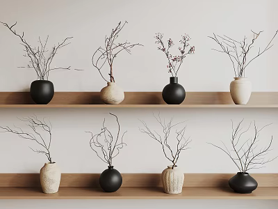 Multiple Black And Beige Vases With Twig Branches Arranged On Wooden Shelves 3d model