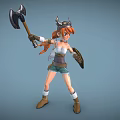 Woman With Horned Helmet Holding Axe And Shield Red Hair Shorts And Boots