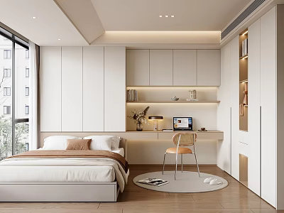 Modern Tatami Bedroom Interior Design With Cozy Bed Writing Desk And Storage Cabinets 3d model
