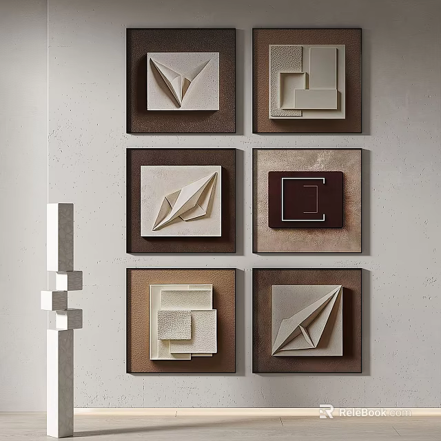 Modern Abstract Paintings With Geometric Shapes And Origami Elements On Light Wall 3d model