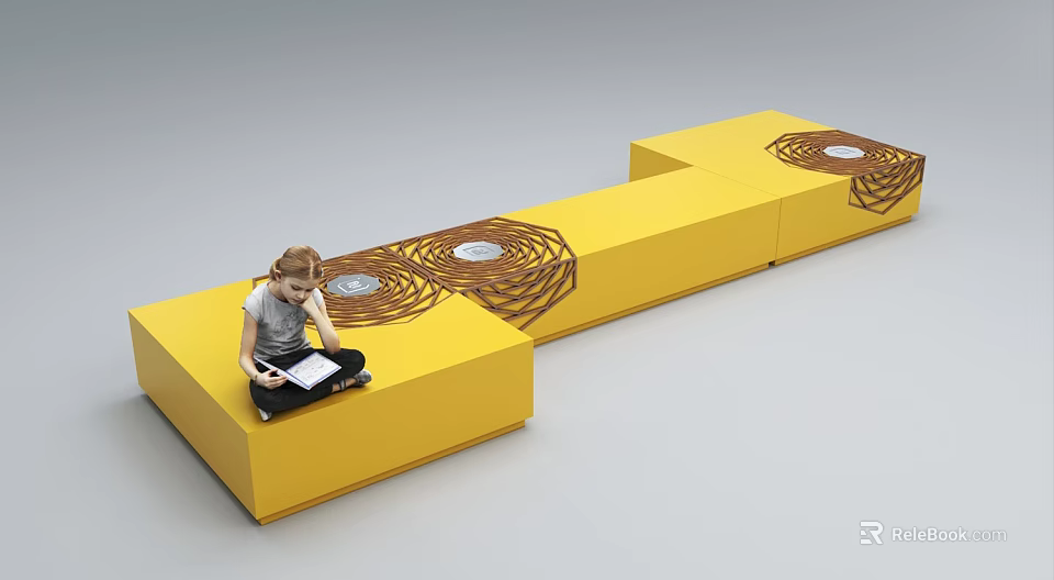 Yellow Modular Public Chair With Spiral Patterns For Urban Seating Spaces 3d model 