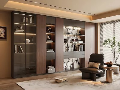 Modern Entryway Cabinet Sideboard With Open Shelves Books Decor And Leather Chair 3d model